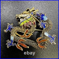 Dragon Brooch Cloisonne Chinese Export Pin Vintage Antique Filigree