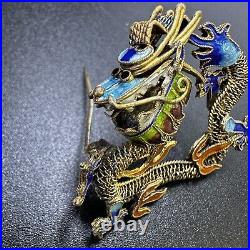 Dragon Brooch Cloisonne Chinese Export Pin Vintage Antique Filigree