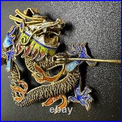 Dragon Brooch Cloisonne Chinese Export Pin Vintage Antique Filigree