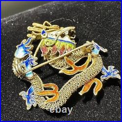 Dragon Brooch Cloisonne Chinese Export Pin Vintage Antique Filigree