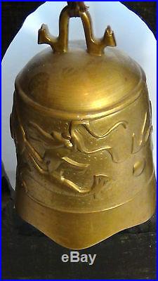 EARLY 20c CHINESE BRASS BUDDIST TEMPLE DRAGON BELL, GONG WithSTRICKER