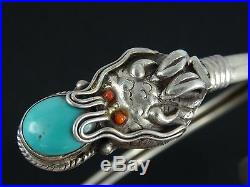 EARLY 20c. CHINESE STERLING CORAL & TURQUOISE DOUBLE DRAGON WRAP CUFF BRACELET