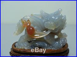 ELABORATE 19TH C. CHINESE HAND CARVED NATURAL AGATE DRAGON with FLAMING PEARL