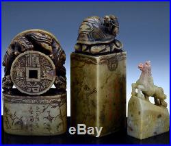 ESTATE LOT ANTIQUE CHINESE CARVED STONE SOAPSTONE DRAGON SIGNED SCHOLARS SEALS