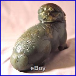 Exceptional Antique Chinese Celadon Jade Qilin Beast Carving