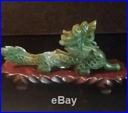 Early 20 th Century Chinese Carved Genuine Green Jade Dragon Statue with Stand