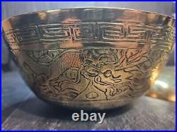 Early 20th Century Chinese brass Heavy bowl & Plate with dragons and phoenix