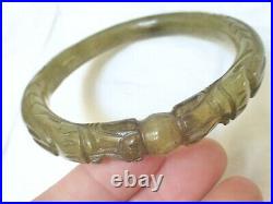Estate Chinese Antique Old Carved Double Dragon Jade Bangle, Large Size