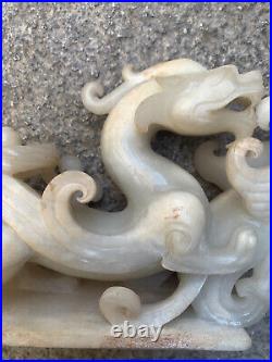 Excellent Large Chinese HeTian White Jade Hand Carved Dragon & Phoenix Statue