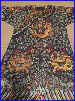 Exceptional Antique Chinese Blue Silk Dragon Robe Textile with Great Detail