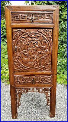 Exceptional Antique Chinese Carved Yumu Wood Dragon Cabinet 34 Tall