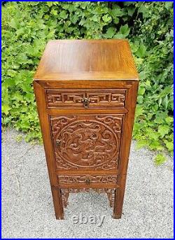 Exceptional Antique Chinese Carved Yumu Wood Dragon Cabinet 34 Tall