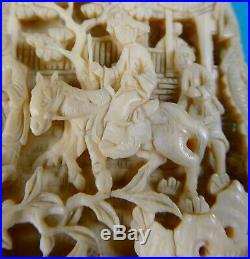 Exceptional Chinese Carved Card Case Boat Horse Buildings Birds Dragons Ca 1880