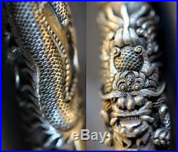 Exceptional Chinese long 2 DRAGON STERLING SILVER Antique Walking Stick Handle