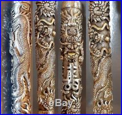 Exceptional Chinese long 2 DRAGON STERLING SILVER Antique Walking Stick Handle