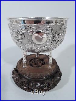 Export Bowl China Trade Asian Antique Bamboo Dragon Chinese Silver Rosewood