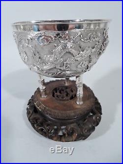 Export Bowl China Trade Asian Antique Bamboo Dragon Chinese Silver Rosewood