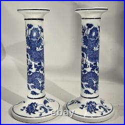 Exquisite Chinese Blue and White Antique Dragon Candlestick Holders Pair