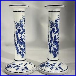 Exquisite Chinese Blue and White Antique Dragon Candlestick Holders Pair