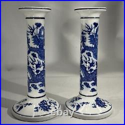 Exquisite Chinese Blue and White Antique Dragon Candlestick Holders Pair