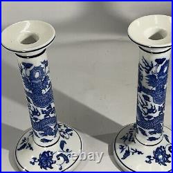 Exquisite Chinese Blue and White Antique Dragon Candlestick Holders Pair