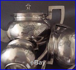 Extremely Fine Antique Chinese Export Silver Three Piece Dragon Tea Set
