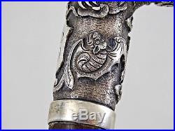 FABULOUS CHINESE EXPORT SILVER WALKING CANE STICK DRAGON BATS sterling ANTIQUE