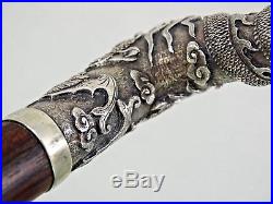 FABULOUS CHINESE EXPORT SILVER WALKING CANE STICK DRAGON BATS sterling ANTIQUE