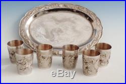 FINE ANTIQUE CARVED ENGRAVED CHINESE SILVER DRAGON BIRD BUTTERFLY TRAY SHOT CUP