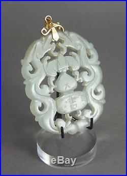 FINE ANTIQUE CHINESE CARVED CELADON JADE DRAGON PENDANT With 14K GOLD LOOP NR