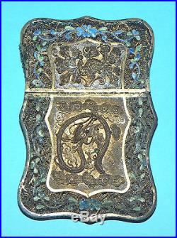 Fine Antique Chinese Gold Gilt Silver Filigree Enamel Card Case Box Dragon