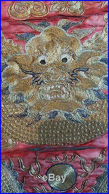 Fine Antique Chinese Gold & Silk Dragon Embroidery