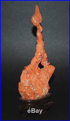 Fine Antique Chinese Hand Carved Red Pink Coral Dragon Figure Statue Carving