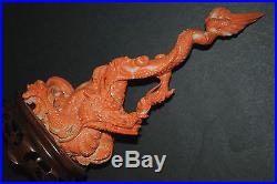 Fine Antique Chinese Hand Carved Red Pink Coral Dragon Figure Statue Carving