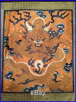 FINE CHINESE ANTIQUE 19th c QI'ING GOLDEN THREAD EMBROIDERED DRAGON EMBROIDERY