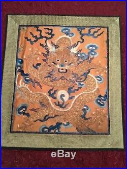 FINE CHINESE ANTIQUE 19th c QI'ING GOLDEN THREAD EMBROIDERED DRAGON EMBROIDERY