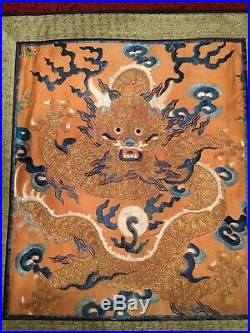 FINE CHINESE ANTIQUE 19th c QI'ING GOLDEN THREAD EMBROIDERED DRAGON EMBROIDERY