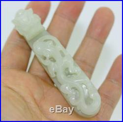 FINE CHINESE WHITE JADE DRAGON HEAD BELT HOOK With DRAGON, 19TH C
