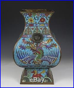 Fine Large Antique Chinese Dragon Phoenix Cloisonne Vase W Mark Ming Dynasty