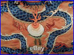 FINE LARGE OLD OR ANTIQUE CHINESE SILK EMBROIDERY DRAGON PANEL