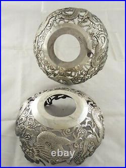 FINE PAIR ANTIQUE CHINESE SOLID SILVER DRAGON BOWLS WANG HING 161 g