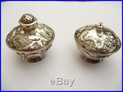 Fab Rare Signed Antique Chinese Export Solid Silver & Enamel Dragon Cruet Set