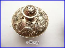 Fab Rare Signed Antique Chinese Export Solid Silver & Enamel Dragon Cruet Set