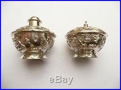 Fab Rare Signed Antique Chinese Export Solid Silver & Enamel Dragon Cruet Set