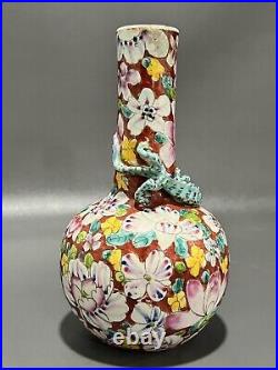 Fantastic Antique Chinese Mille Fleur Vase With Dragon Qing Period