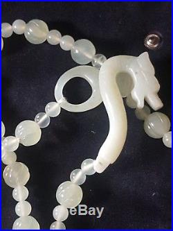 Fine 1920's Antique Chinese Carved Jade Jadeite Bead Necklace Dragon Head Clasp
