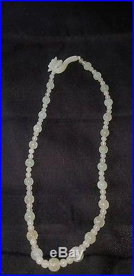 Fine 1920's Antique Chinese Carved Jade Jadeite Bead Necklace Dragon Head Clasp