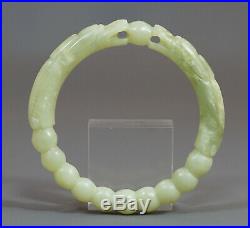 Fine 19c. Antique Chinese Carved Twin Dragon Celadon Jade Bangle Bracelet 53gr