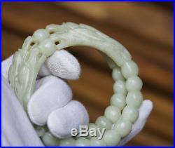 Fine 19c. Antique Pair Chinese Carved Twin Dragon Celadon Jade Bangles Bracelets