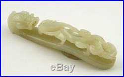 Fine Antique 19thC Chinese Carved Jade Belt Hook with Dragons